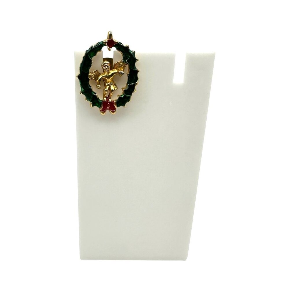 Vintage Christmas Cherub Angel Wreath Brooch Gold Tone Red Green Enamel